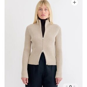 AMOMENTO Ribbed High Neck Zip Up Cotton Cardigan in Beige